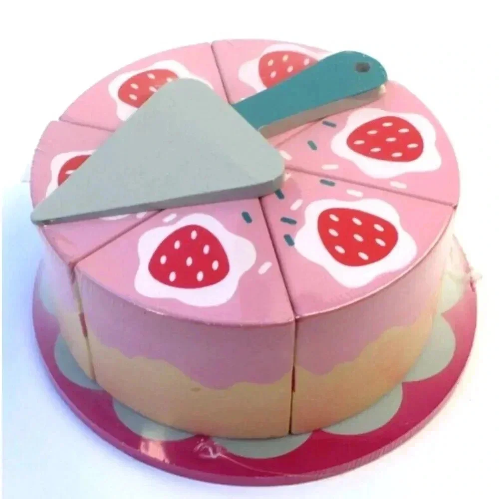 New Lrg Wood Kids Pretend Play Food Toy - Strawberry Cake Dessert Set Fun Server